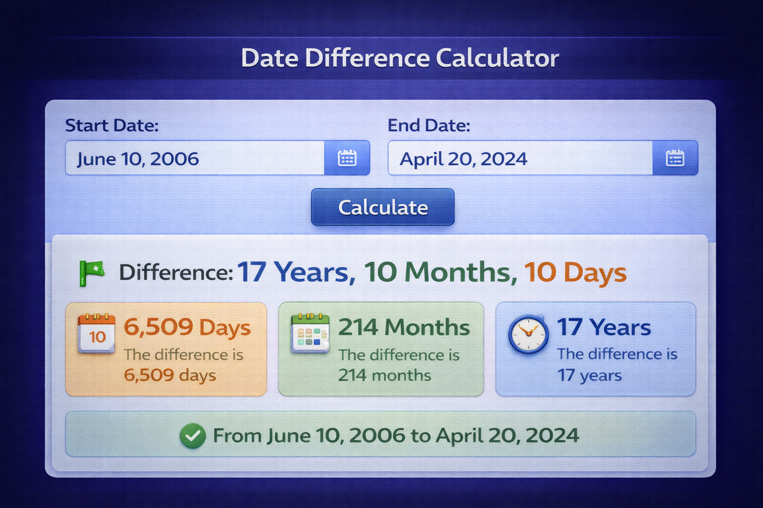 Free online date difference calculator interface showing start end dates and days months years result